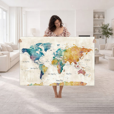 53654999D-MGV-CV-36X24 - Custom Push Pin World Map Wall Art Canvas Print – Personalized Travel Tracker with Pins Framed Large for Home and Office Decor