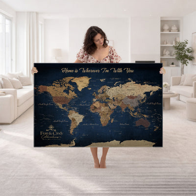 57774467D-MGV-CV-36X24 - Custom Push Pin World Map Wall Art Canvas Print – Personalized Travel Tracker with Pins Framed Large for Home and Office Decor