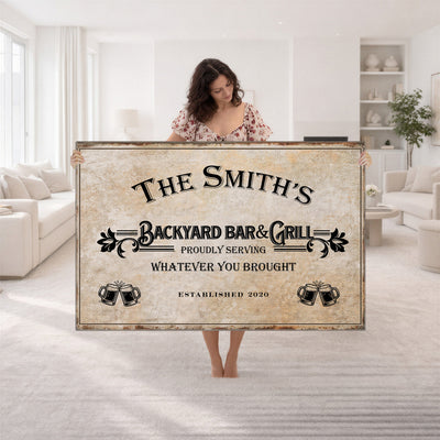 Custom Backyard Bar & Grill Sign, Personalized Family Name Arch Canvas