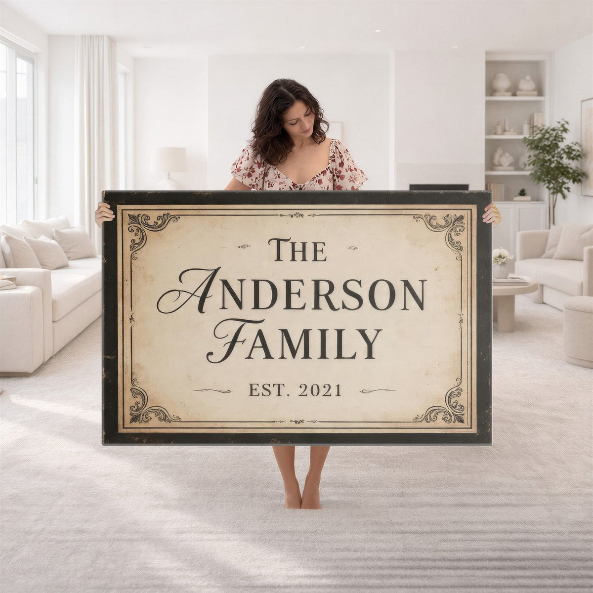 Vintage family established sign canvas, charcoal and cream