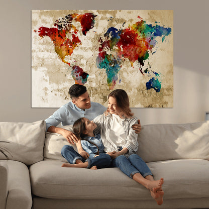 Push Pin World Map Canvas Print – Framed Wall Art for Couples to Track Their Travels – Anniversary Gift or Home Adventure Decor