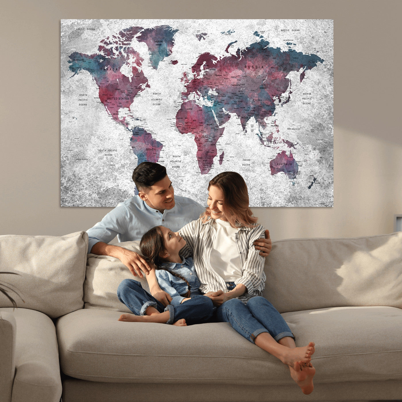 Push Pin World Map Canvas Print – Framed Wall Art for Couples to Track Their Travels – Anniversary Gift or Home Adventure Decor