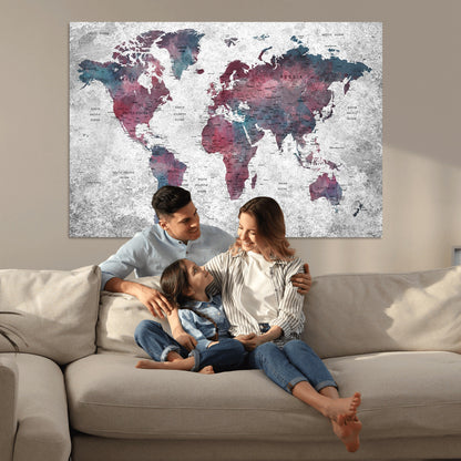 Push Pin World Map Canvas Print – Framed Wall Art for Couples to Track Their Travels – Anniversary Gift or Home Adventure Decor