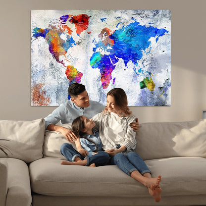 Push Pin World Map Canvas Print – Framed Wall Art for Couples to Track Their Travels – Anniversary Gift or Home Adventure Decor