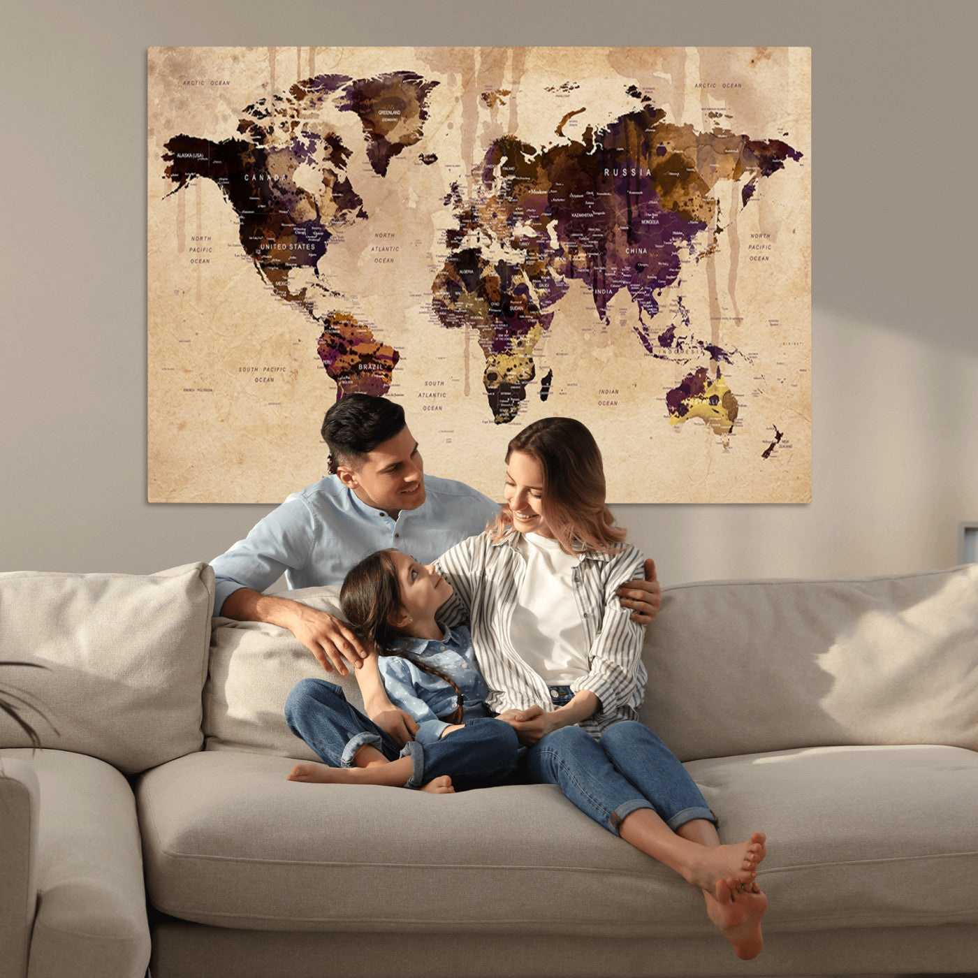 Push Pin World Map Canvas Print – Framed Wall Art for Couples to Track Their Travels – Anniversary Gift or Home Adventure Decor