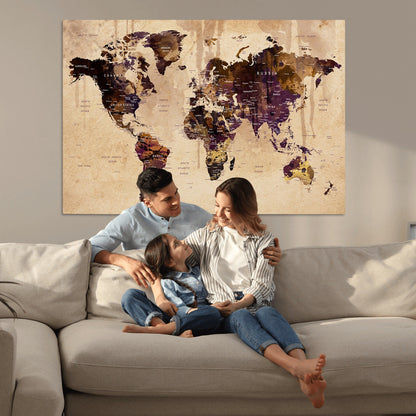 Push Pin World Map Canvas Print – Framed Wall Art for Couples to Track Their Travels – Anniversary Gift or Home Adventure Decor