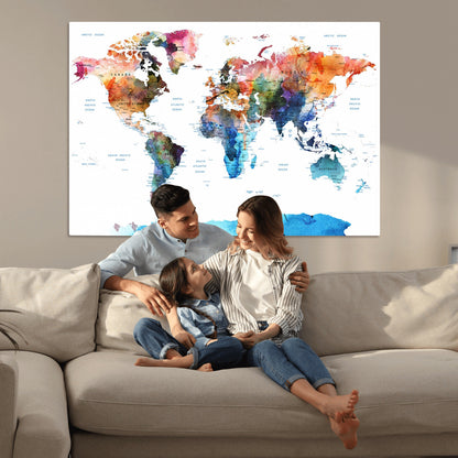 Push Pin World Map Canvas Print – Framed Wall Art for Couples to Track Their Travels – Anniversary Gift or Home Adventure Decor