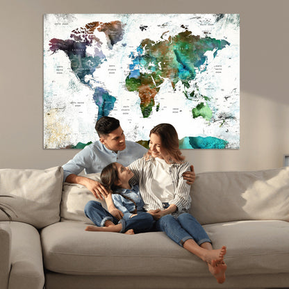 Push Pin World Map Canvas Print – Framed Wall Art for Couples to Track Their Travels – Anniversary Gift or Home Adventure Decor