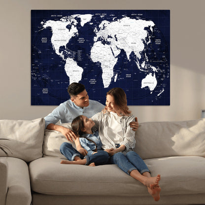 Push Pin World Map Canvas Print – Framed Wall Art for Couples to Track Their Travels – Anniversary Gift or Home Adventure Decor