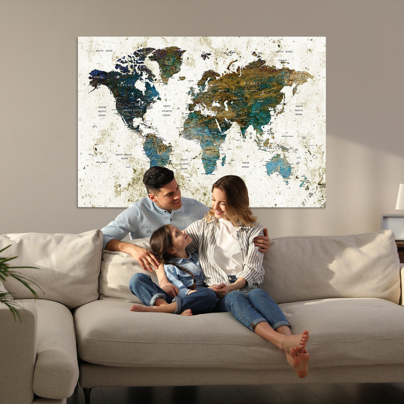 Vintage World Map Wall Art Canvas Print, Framed Rustic Earth Map Art Picture Print, Antique Map Perfect Rustic Vintage Decor Artwork