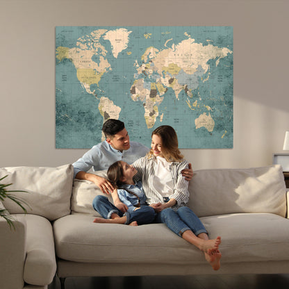 Classic World Map Wall Art Canvas Print, Framed Retro Map Art Picture Print, Vintage Atlas Perfect Rustic Explorer Decor Artwork