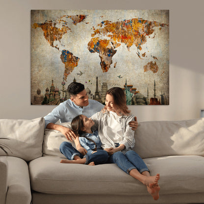Push Pin World Map Canvas Print – Framed Wall Art for Couples to Track Their Travels – Anniversary Gift or Home Adventure Decor