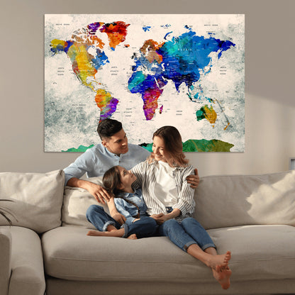 Push Pin World Map Canvas Print – Framed Wall Art for Couples to Track Their Travels – Anniversary Gift or Home Adventure Decor