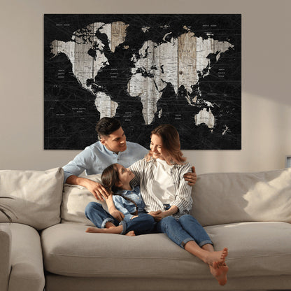Push Pin World Map Canvas Print – Framed Wall Art for Couples to Track Their Travels – Anniversary Gift or Home Adventure Decor