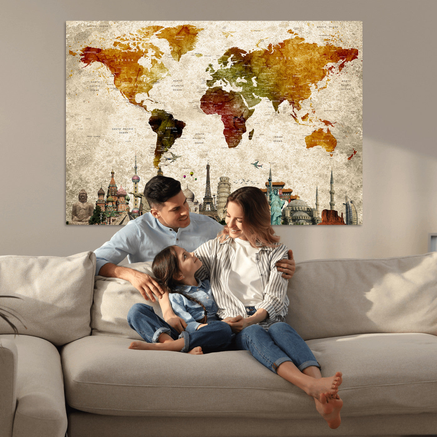 Push Pin World Map Canvas Print – Framed Wall Art for Couples to Track Their Travels – Anniversary Gift or Home Adventure Decor