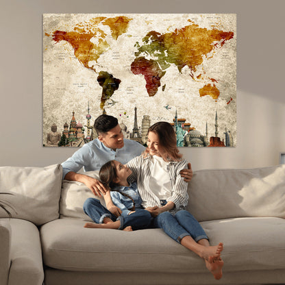 Push Pin World Map Canvas Print – Framed Wall Art for Couples to Track Their Travels – Anniversary Gift or Home Adventure Decor