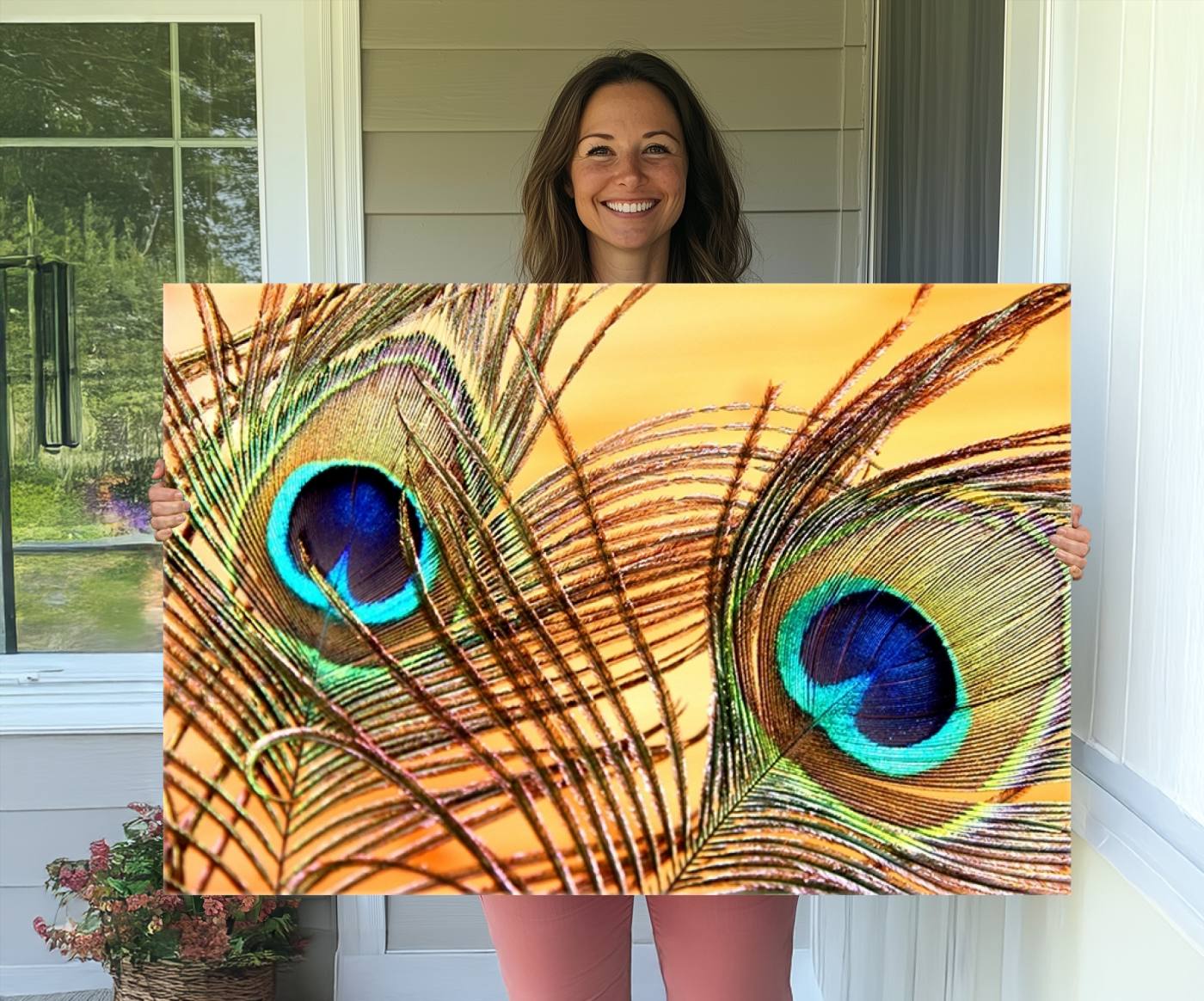 Peacock Feather Wall Art Print - Vibrant Green, Blue, and Orange Peacock Feather Design, Ready to Hang