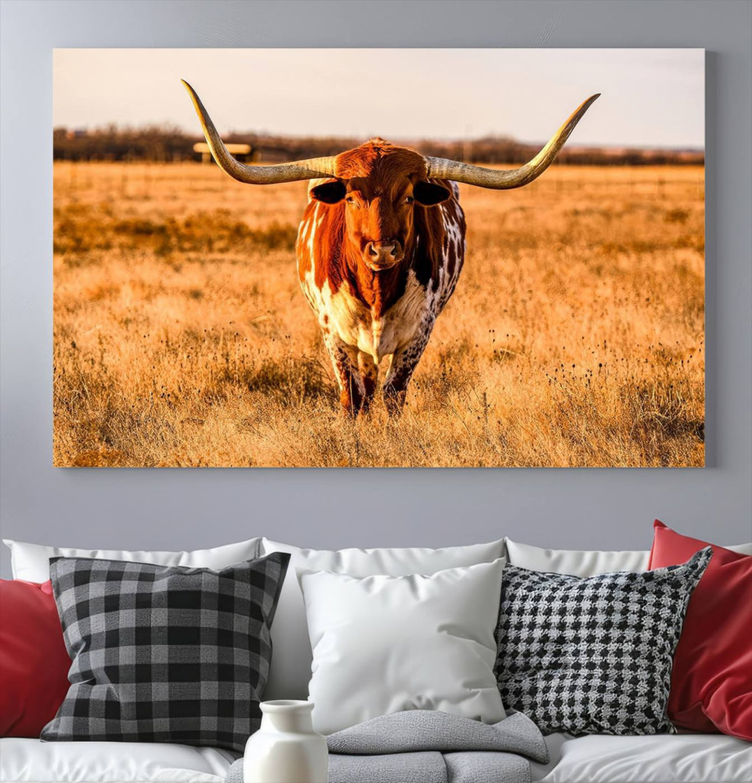 Texas Longhorn Canvas Wall Art Print - Vibrant Rustic Cattle Print for Living Room, Western Farmhouse Wall Decor, Ready to Hang