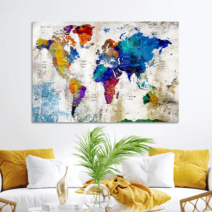 Push Pin World Map Canvas Print – Framed Wall Art for Couples to Track Their Travels – Anniversary Gift or Home Adventure Decor