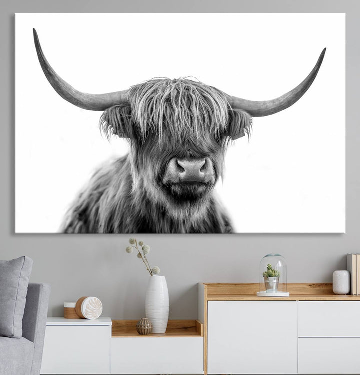 Scottish Highland Cow Cattle Art Print Wall Art Canvas Print for Farmhouse Decor, Framed Scottish Highland Cow Canvas