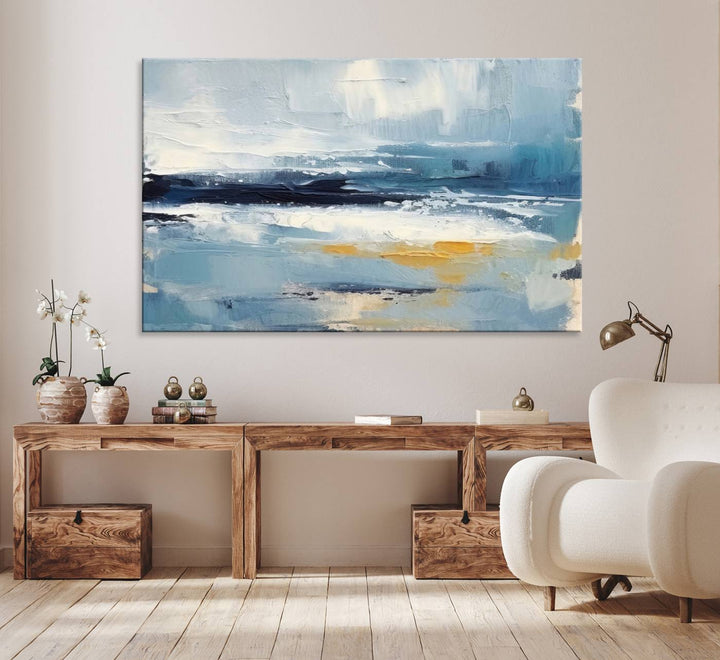 Abstract Ocean Canvas Wall Art - Coastal Blue and Gold Textured Painting, Modern Seascape Decor for Living Room Decor