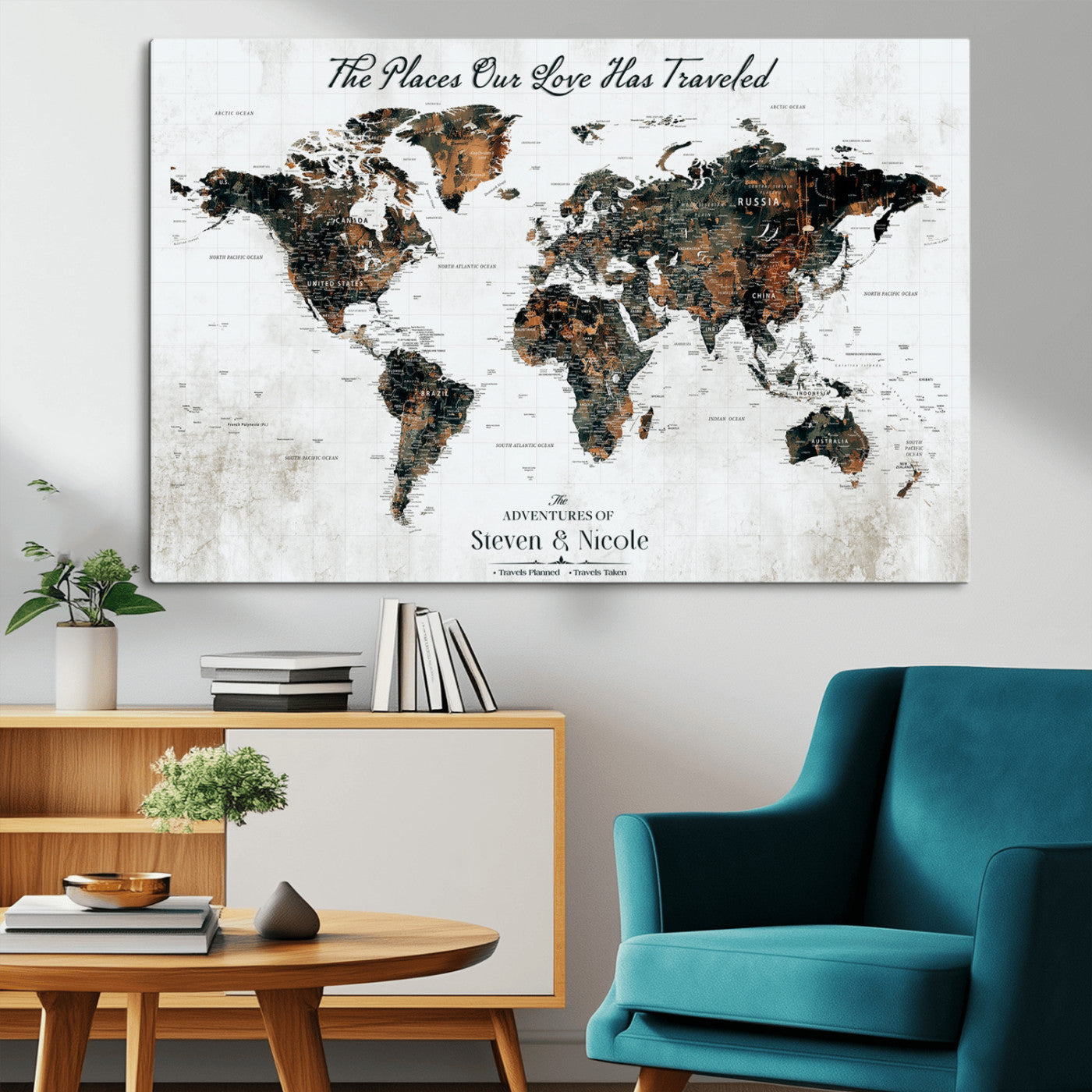 World Travel Map with Pins – Framed Canvas Print to Track Adventures and Create a Visual Travel Journal, Ideal Wall Art for Home - H17