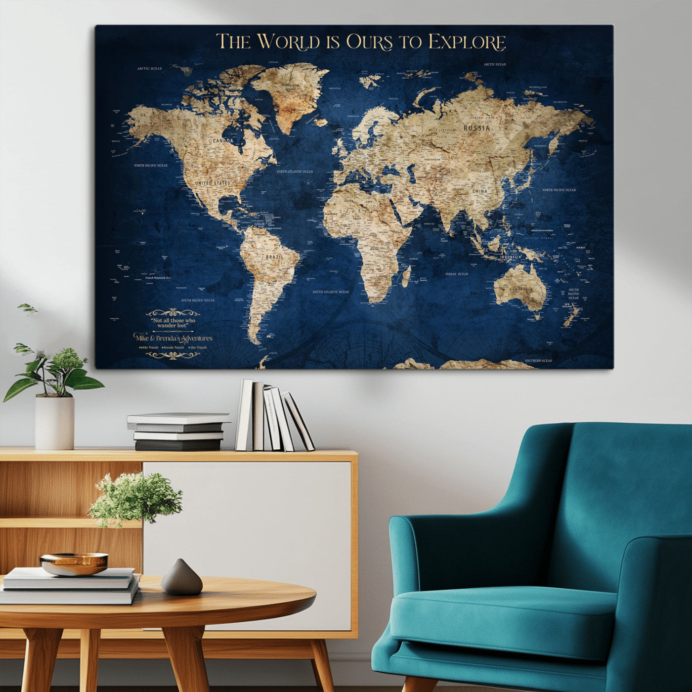 Custom World Map Wall Art – Personalized Framed Canvas Print with Push Pins for Travel Tracking, Anniversary or Couple Gift Ideas - H2-2