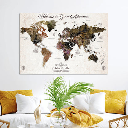 35778202-MGV-CV-36X24-Custom Push Pin World Map Wall Canvas Print – Personalized Travel Map with Pins – Framed Large Canvas for Home Office Decor