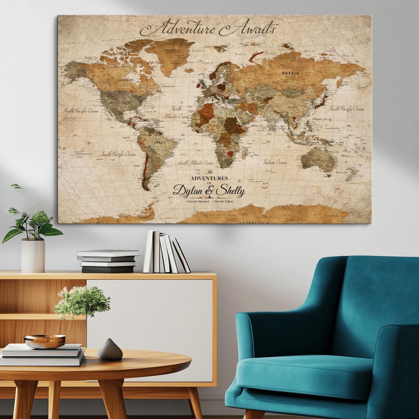 20810820-MGV-CV-30X20-Personalized World Map Print, Customizable Push Pin Framed World Map Print on Canvas - Custom Quote on Map Print