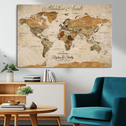 20810820-MGV-CV-30X20-Personalized World Map Print, Customizable Push Pin Framed World Map Print on Canvas - Custom Quote on Map Print