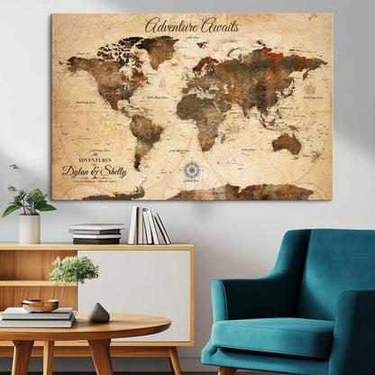 66357947-MGV-CV-36X24-Personalized World Map Print, Customizable Push Pin Framed World Map Print on Canvas - Custom Quote on Map Print