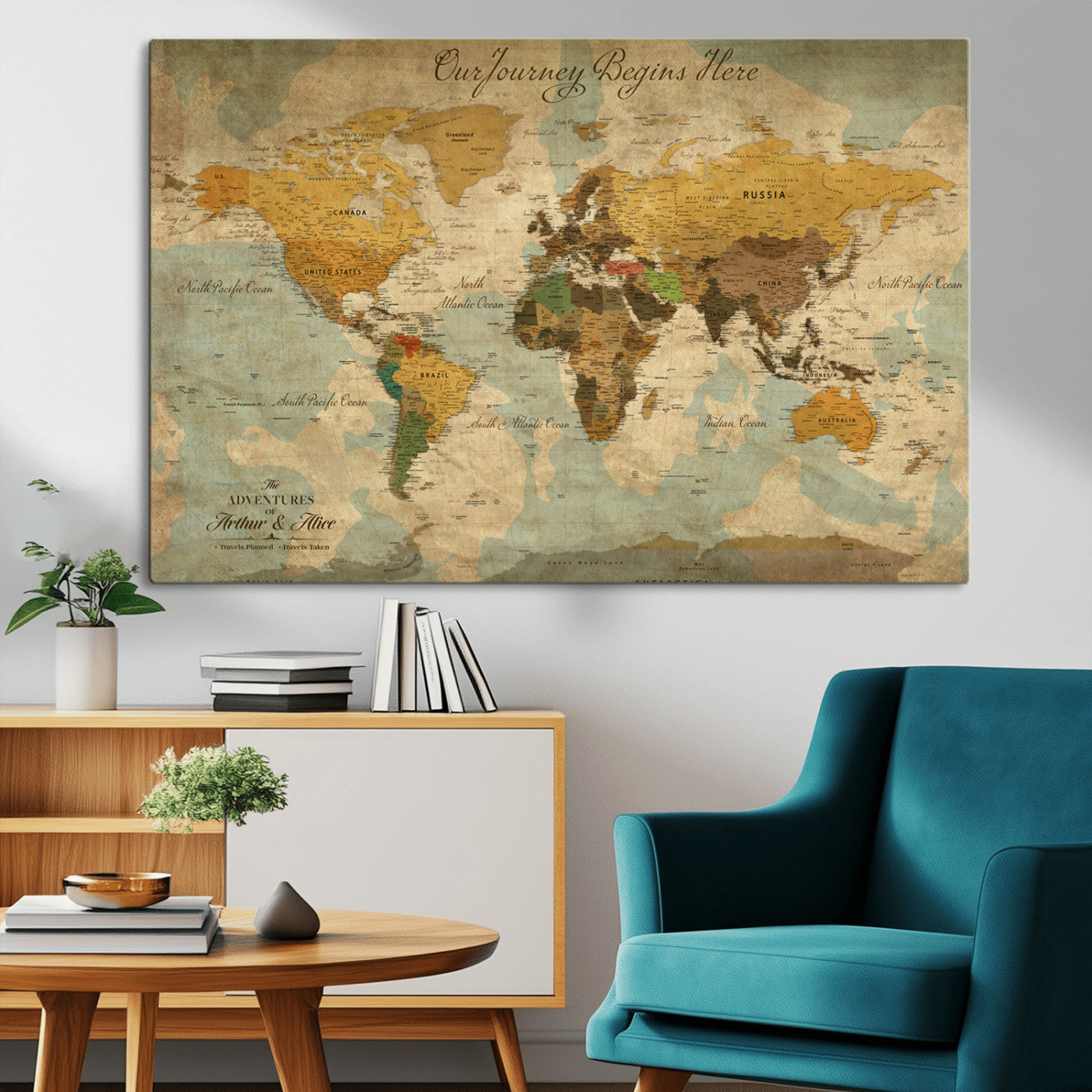 75523223-MGV-CV-36X24-Custom Push Pin World Map Wall Canvas Print – Personalized Travel Tracker with Pins – Framed Custom Quotie Canvas for Home Office