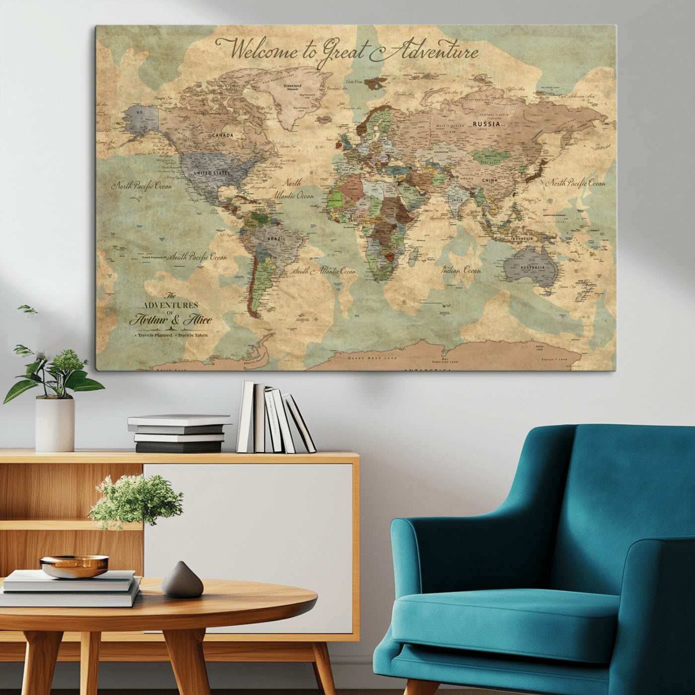 17693651-MGV-CV-36X24-Custom Push Pin World Map Wall Canvas Print – Personalized Travel Tracker with Pins – Framed Custom Quotie Canvas for Home Office Decor Art Print