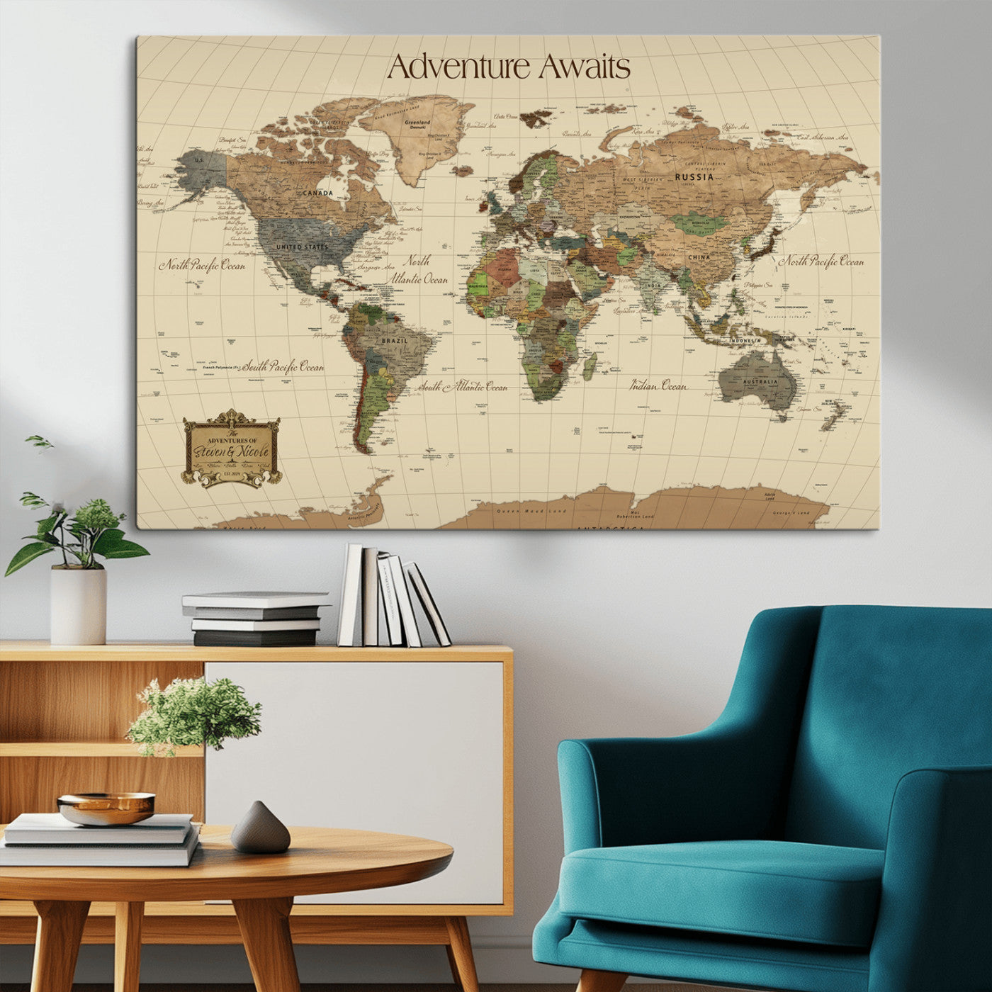 74480507-MGV-CV-36X24-Custom Push Pin World Map Wall Canvas Print – Personalized Travel Tracker with Pins – Framed Custom Quotie Canvas for Home Office Decoration