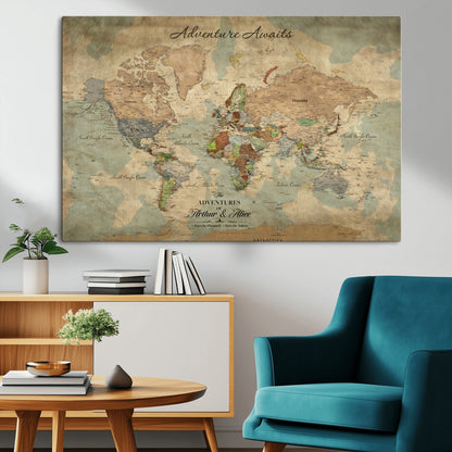 60798273-MGV-CV-30X20-Custom Push Pin World Map Wall Canvas Print – Personalized Travel Tracker with Pins – Framed Custom Quotie Canvas for Home Office Decor