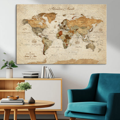 64295326-MGV-CV-30X20-Custom Push Pin World Map Wall Canvas Print – Personalized Travel Tracker with Pins – Framed Custom Quotie Canvas for Home Office Decor