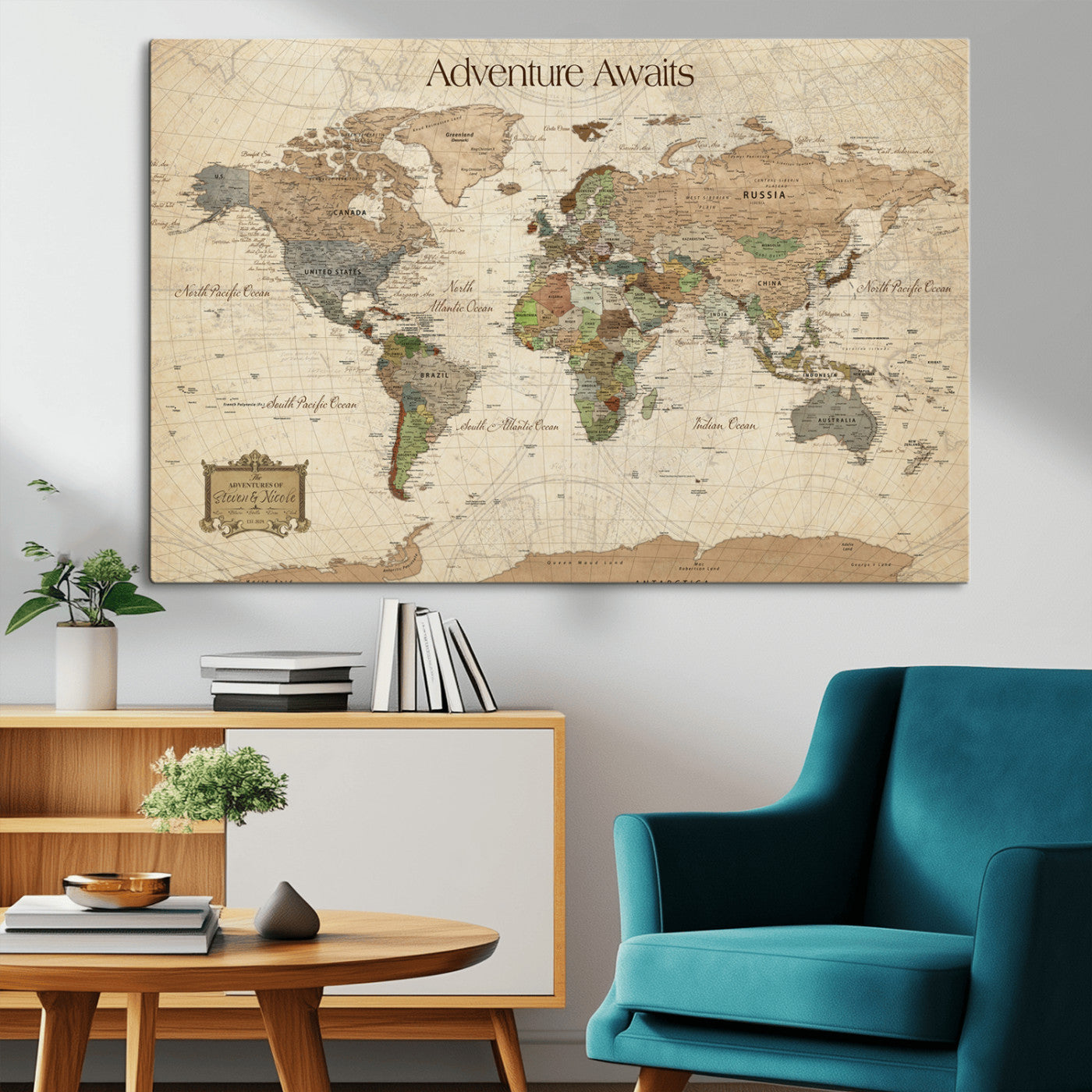 33020399-MGV-CV-30X20-Custom Push Pin World Map Wall Canvas Print – Personalized Travel Tracker with Pins – Framed Custom Quotie Canvas for Home Office Decor