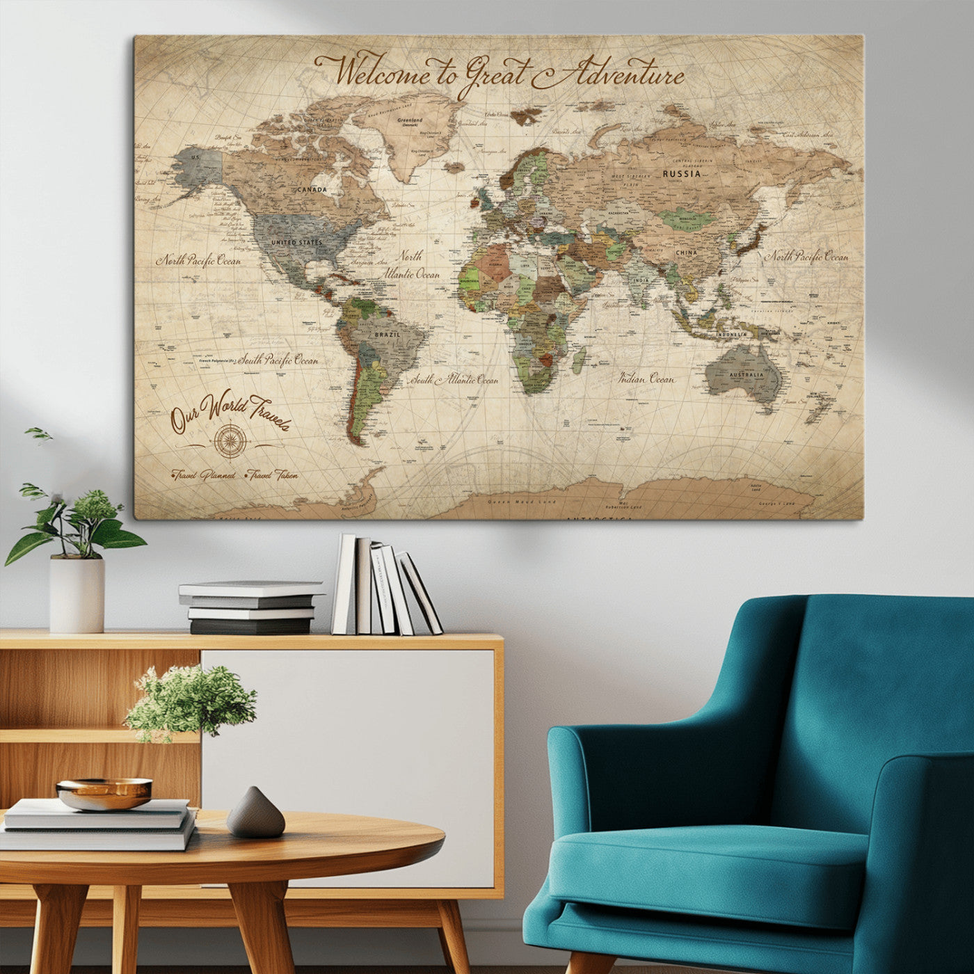 76478536-MGV-CV-30X20-Custom Push Pin World Map Wall Canvas Print – Personalized Travel Tracker with Pins – Framed Custom Quotie Canvas for Home Office Decor