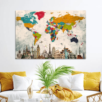 Push Pin World Map Canvas Print – Framed Wall Art for Couples to Track Their Travels – Anniversary Gift or Home Adventure Decor
