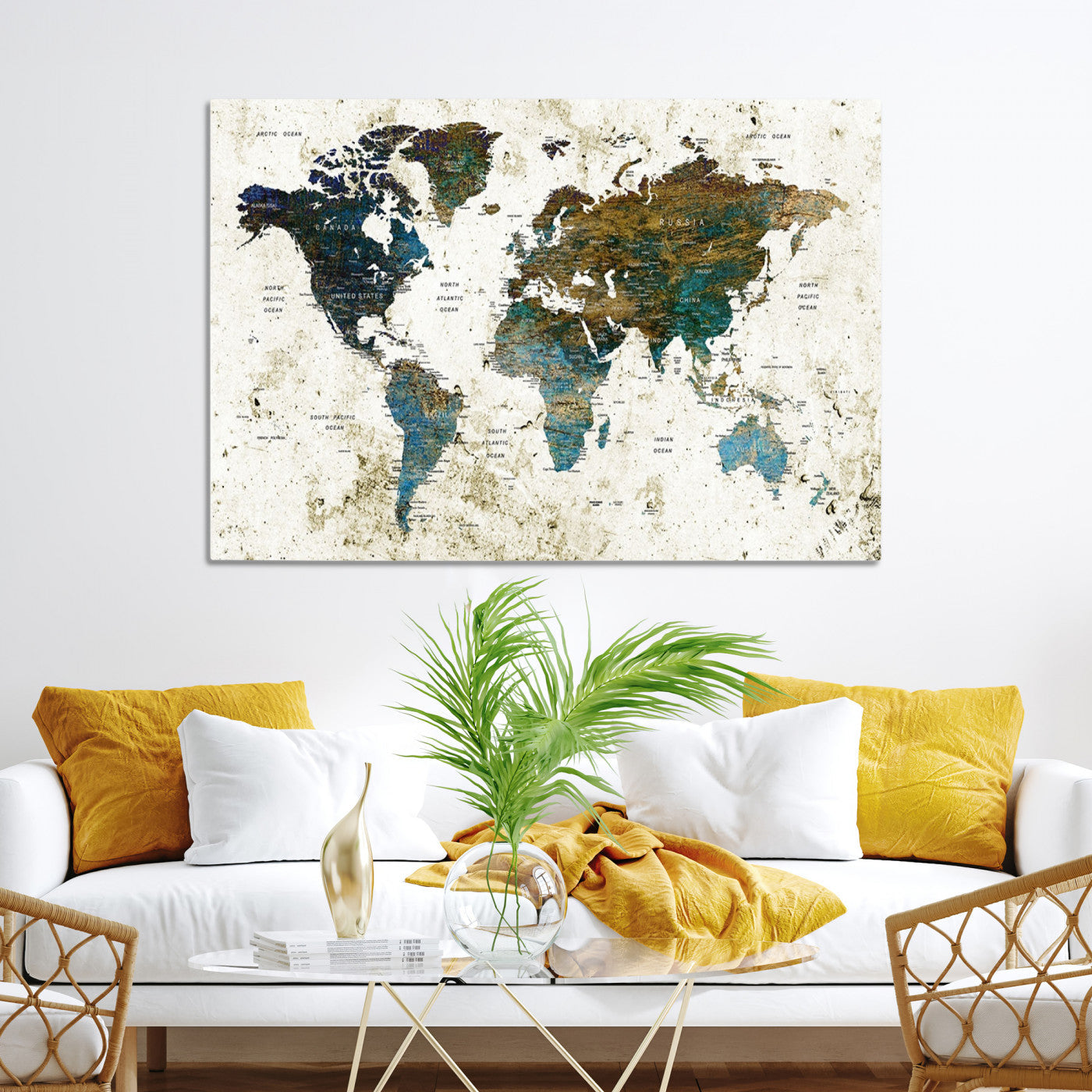 Vintage World Map Wall Art Canvas Print, Framed Rustic Earth Map Art Picture Print, Antique Map Perfect Rustic Vintage Decor Artwork