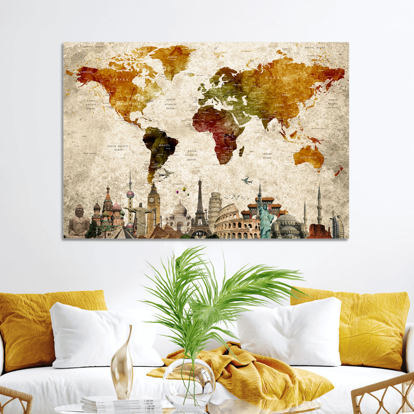 Push Pin World Map Canvas Print – Framed Wall Art for Couples to Track Their Travels – Anniversary Gift or Home Adventure Decor