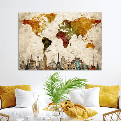 Push Pin World Map Canvas Print – Framed Wall Art for Couples to Track Their Travels – Anniversary Gift or Home Adventure Decor