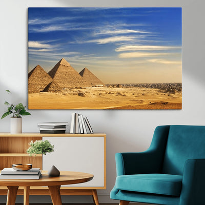 18193-MGV-CV-36X24-Majestic Ancient Wonders Wall Art Canvas Print, Golden Desert Under Endless Blue Sky Desert Sands Under Endless Blue Sky Artwork for Home Office