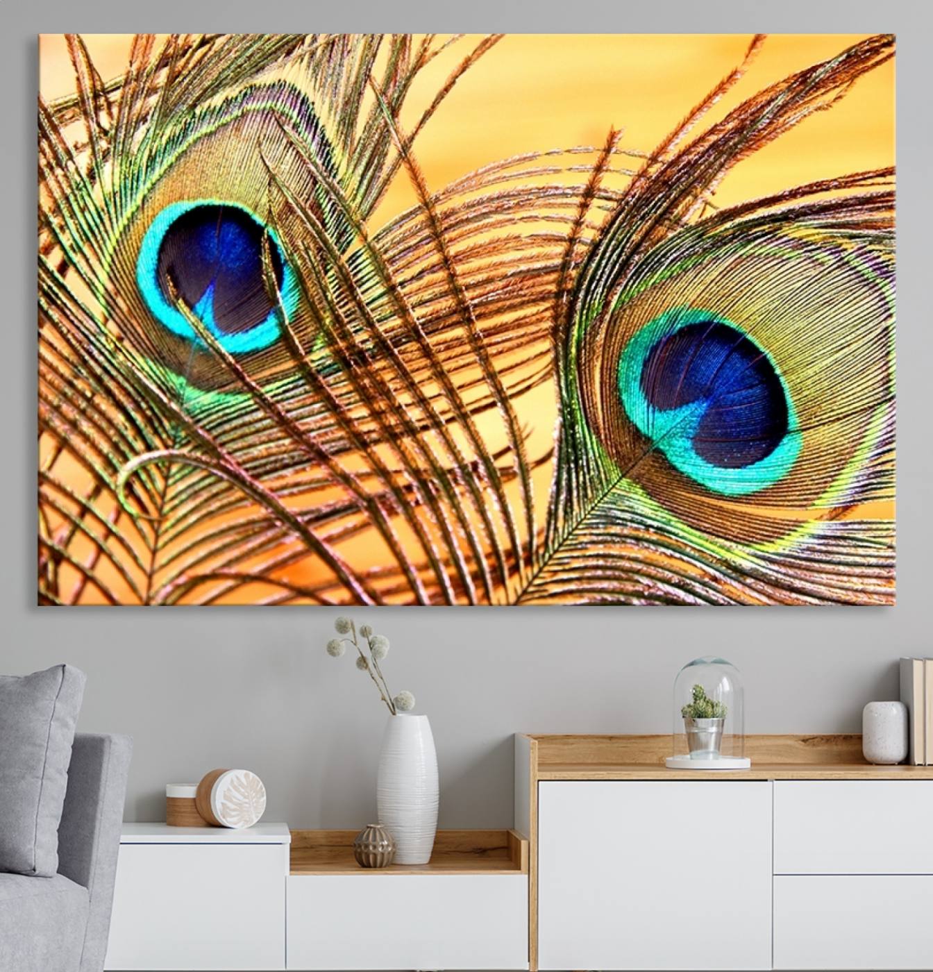 Peacock Feather Wall Art Print - Vibrant Green, Blue, and Orange Peacock Feather Design, Ready to Hang