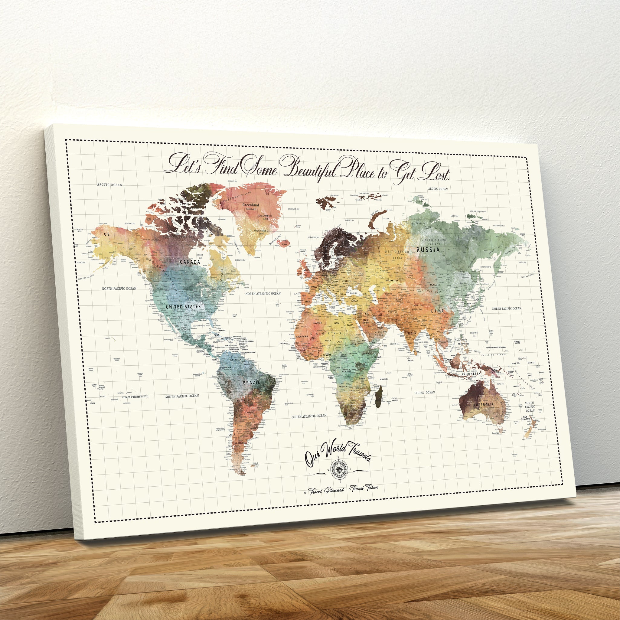 '-Custom Framed World Map Canvas Print – Personalized Push Pin Travel Tracker Gift for Couples, Weddings, or Anniversary Celebrations - H76
