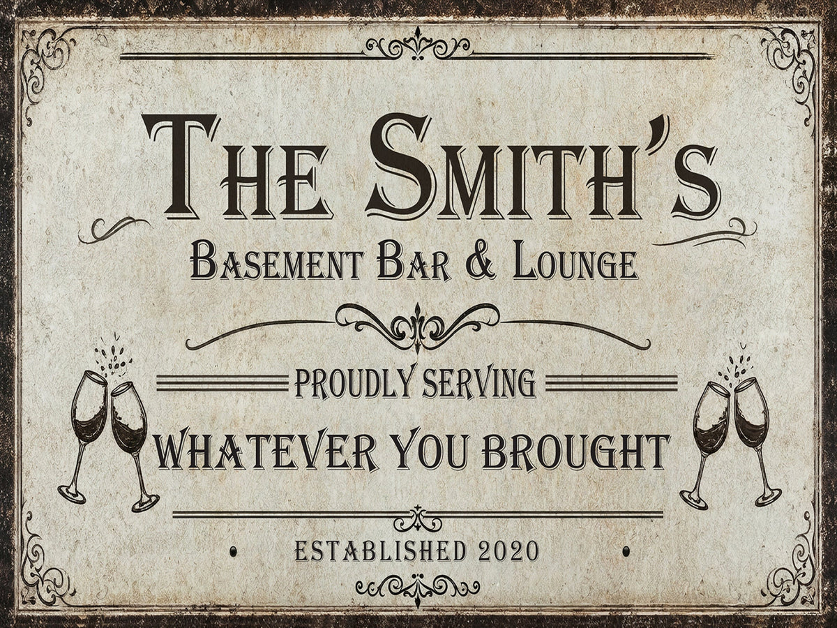 Custom Basement Bar & Lounge Sign Canvas, Personalized Family Name Art