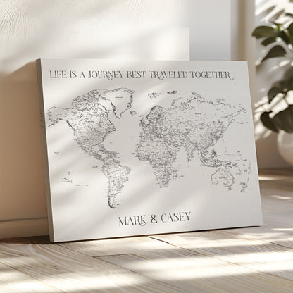 CSM02-MGV-CV-36X24-Custom Push Pin World Map Print – Personalized Canvas Wall Art for Travel Memories, Framed Gift for Couples, Anniversary or Wedding