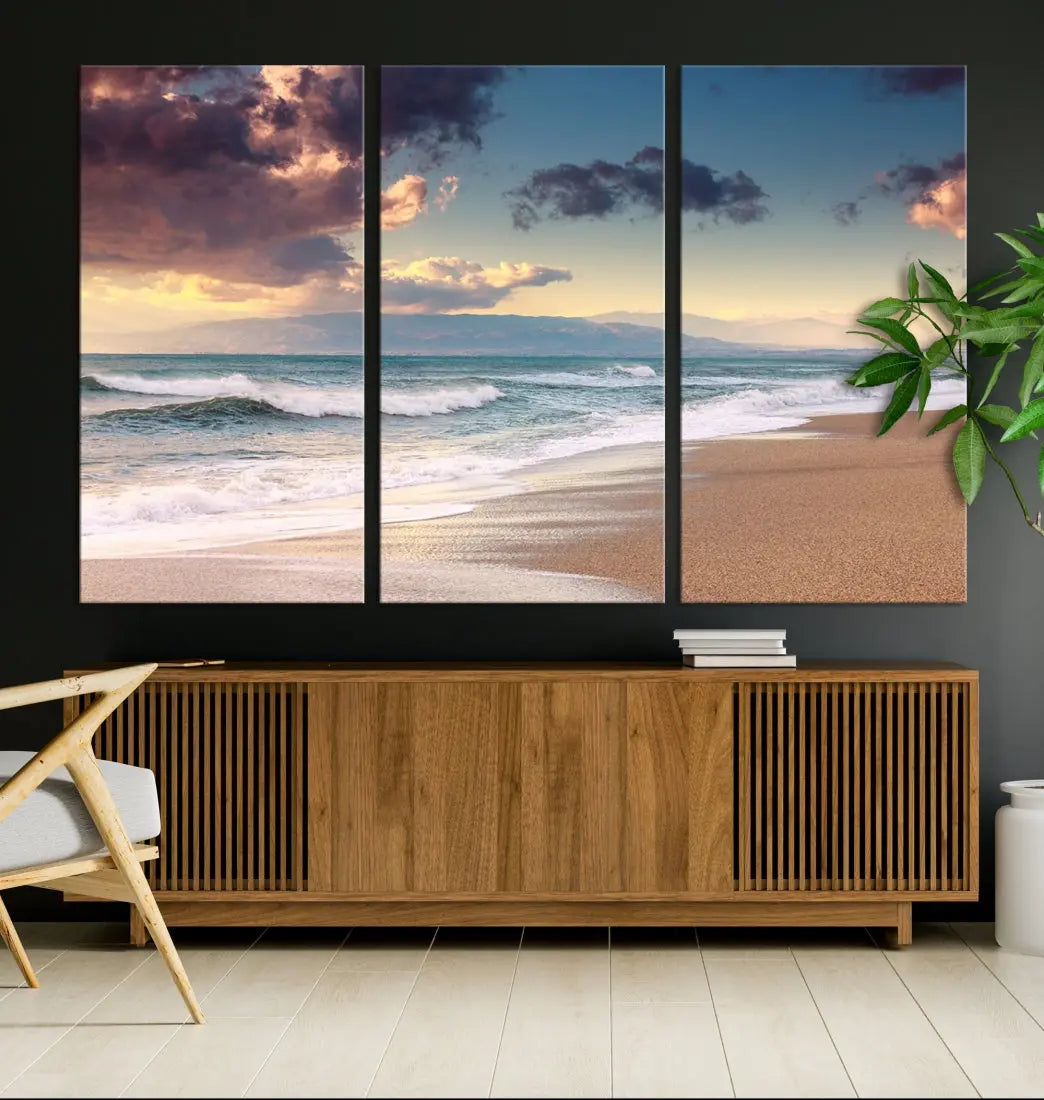 Cloudy Weather Beach Landscape Wall Art Canvas Print