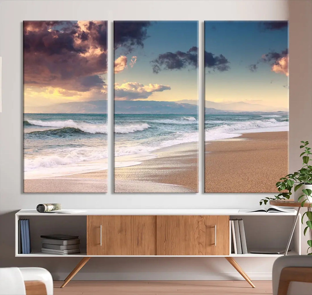 Cloudy Weather Beach Landscape Wall Art Canvas Print