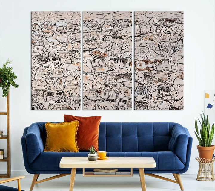 3 Panel Abstract Bull and Cattle Canvas Wall Art - Rustic Farm Animal Design for Living Room, Farmhouse, or Study, Ready to Hang